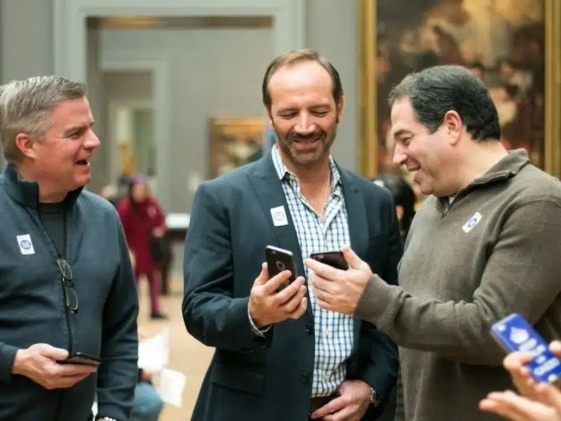 Three smiling men looking at their phones