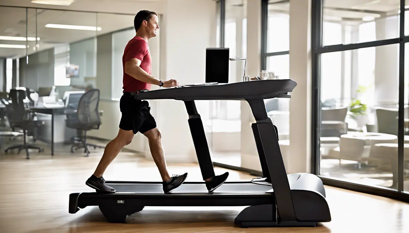 photo of a man walking on a treadmill in the office