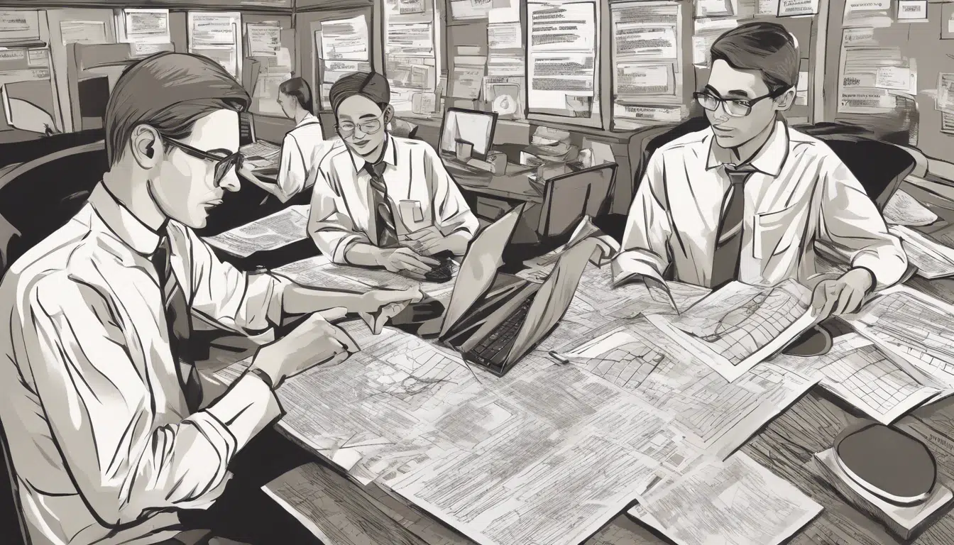 grayscale cartoon of young professionals in shirts and ties and graphics looking over papers together