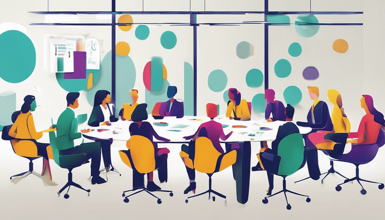 colorful cartoon of workers having a meeting in a boardroom