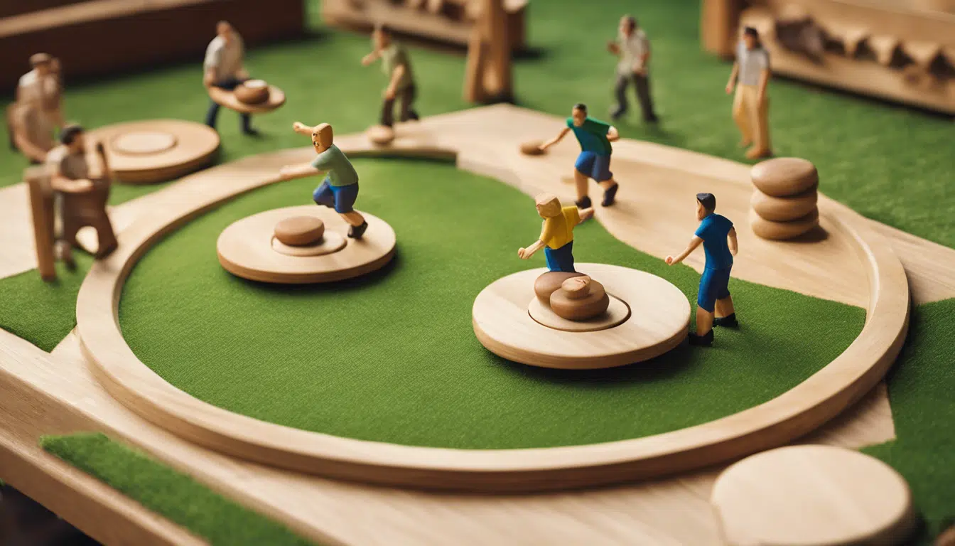 graphic of toy wooden children playing an outdoor game while adults watch