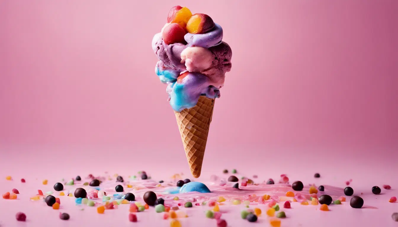 photo of colorful rainbow ice cream in a cone with sprinkles underneath