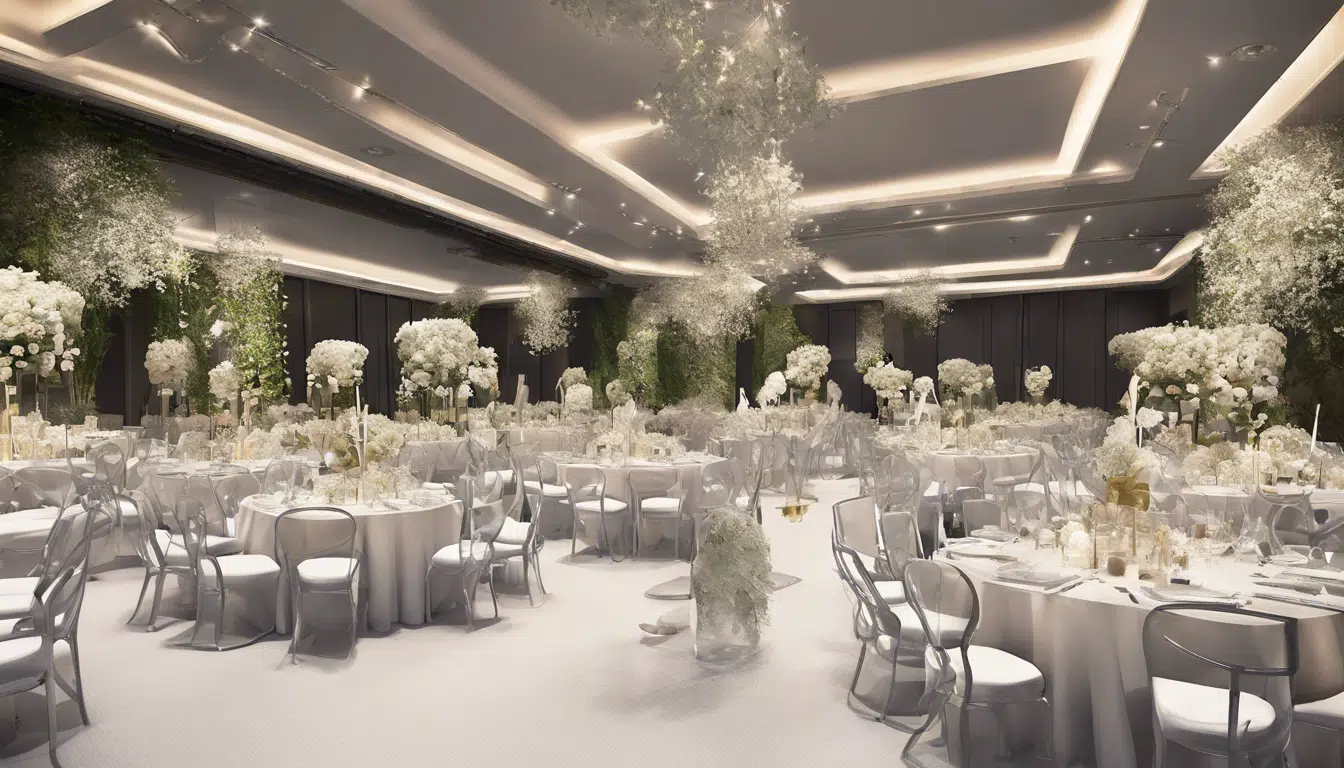 graphic of a room set up elegantly for a party with white flowery centerpieces and chandeliers