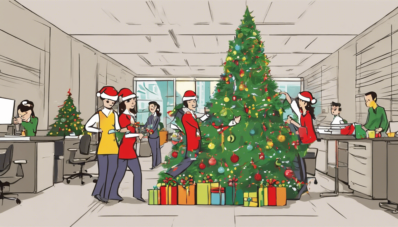 cartoon of office colleagues decorating a christmas tree together